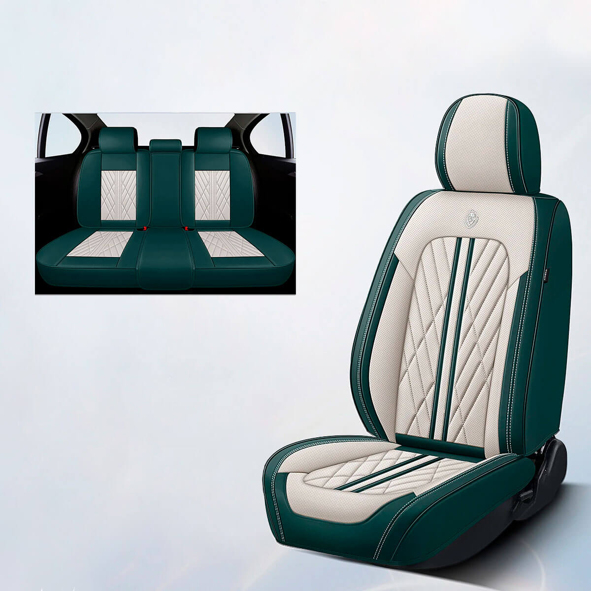 beige and green car seat covers
