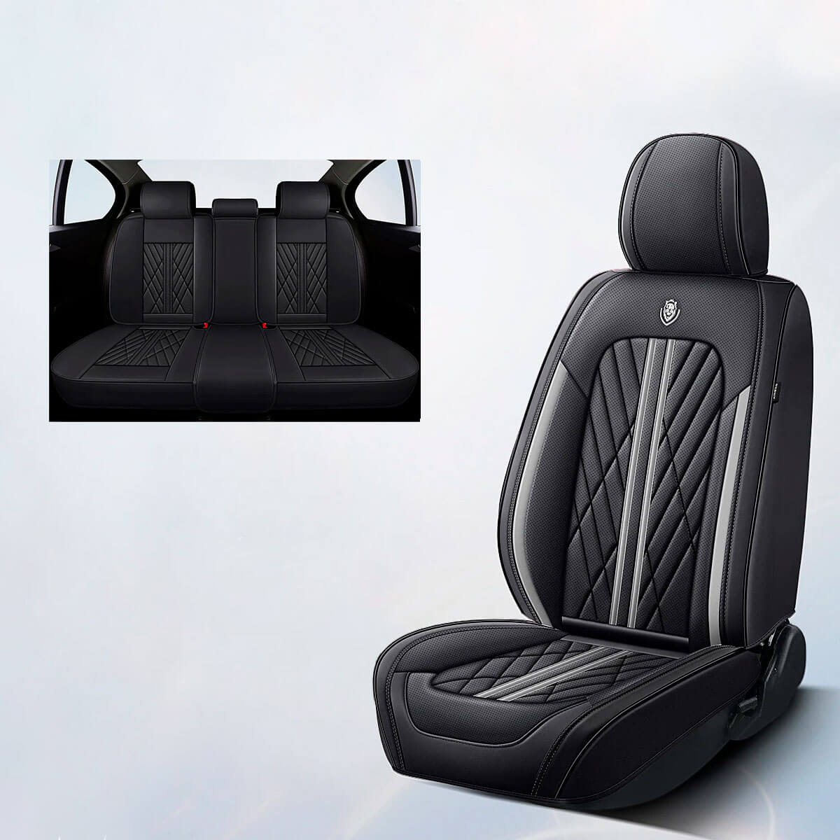 black and gray stipe car seat covers